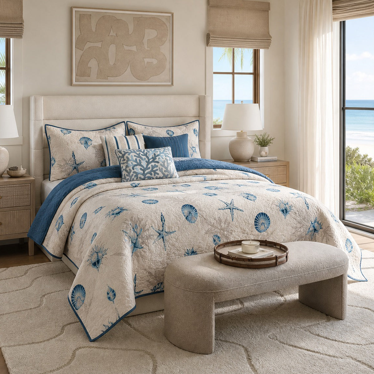 Bayside Collection by Madison Park. 象牙白与蓝色贝壳、海星、珊瑚图案绗缝被套,搭配浴巾、浴帘、搭毯与浴室地垫。